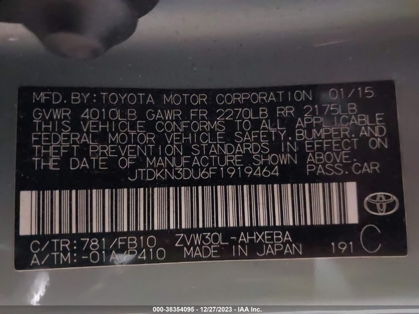 2015 TOYOTA PRIUS - JTDKN3DU6F1919464