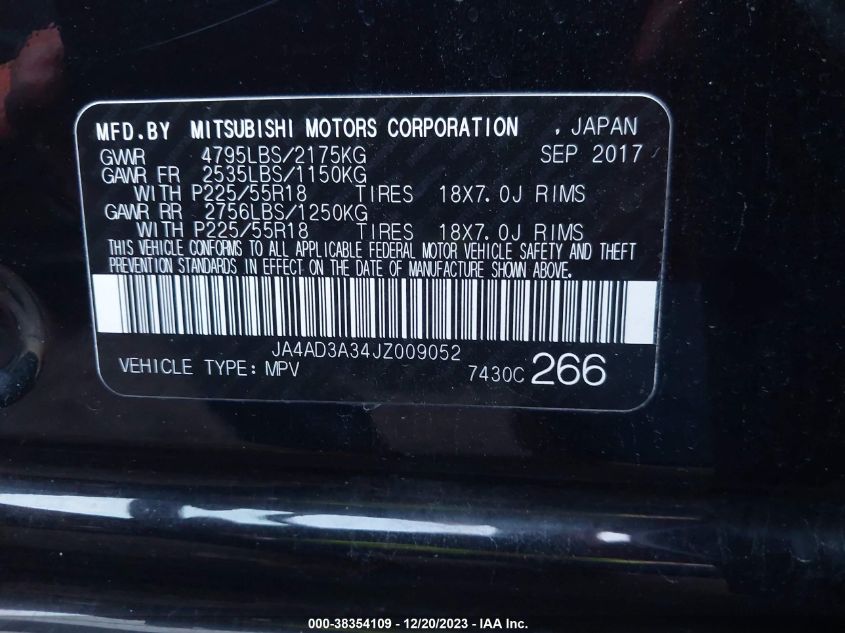 VIN JA4AD3A34JZ009052 2018 MITSUBISHI OUTLANDER SEL