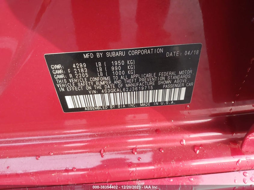 VIN 4S3GKAL62J3619715 2018 SUBARU IMPREZA 2.0I SPORT