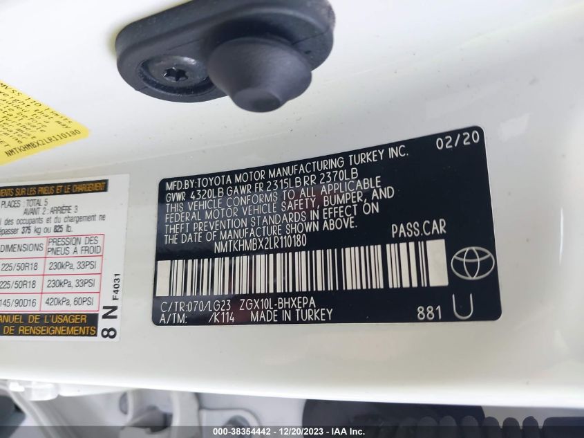 2020 TOYOTA C-HR XLE/LE/LIMITED - NMTKHMBX2LR110180