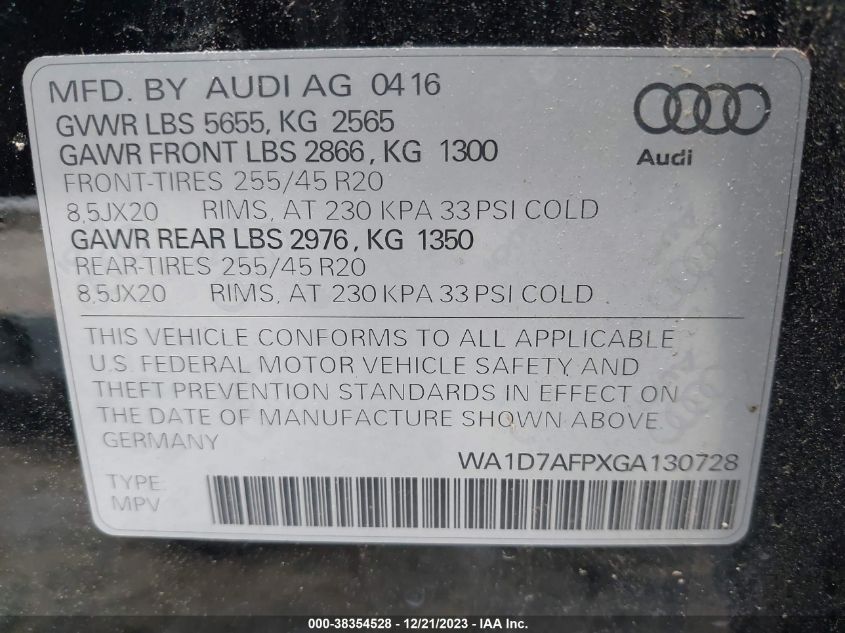 2016 AUDI Q5 PREMIUM PLUS S-LINE - WA1D7AFPXGA130728