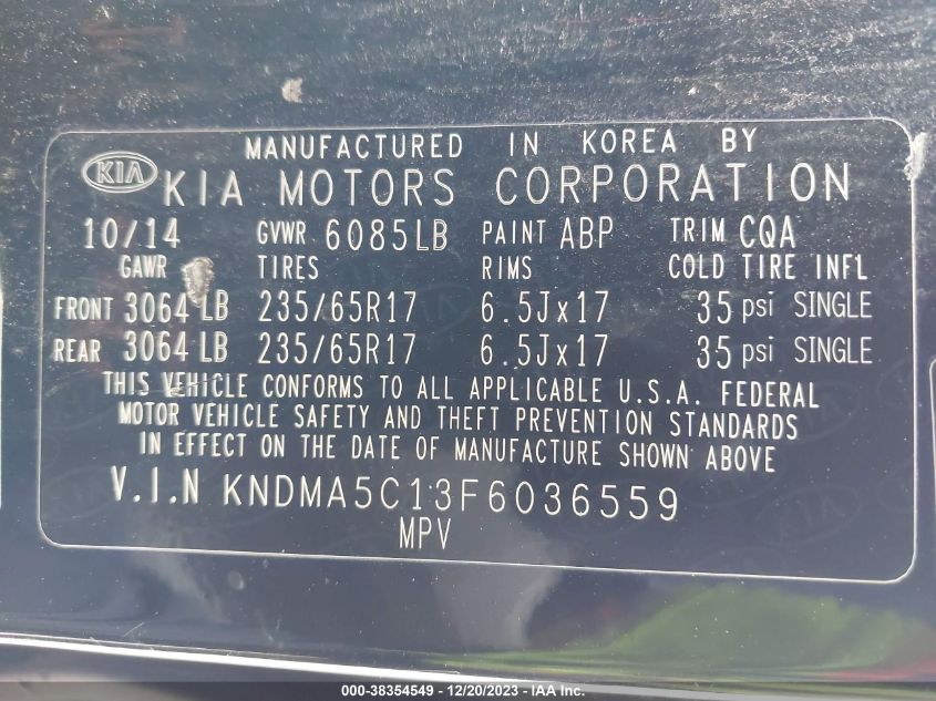 2015 KIA SEDONA L - KNDMA5C13F6036559
