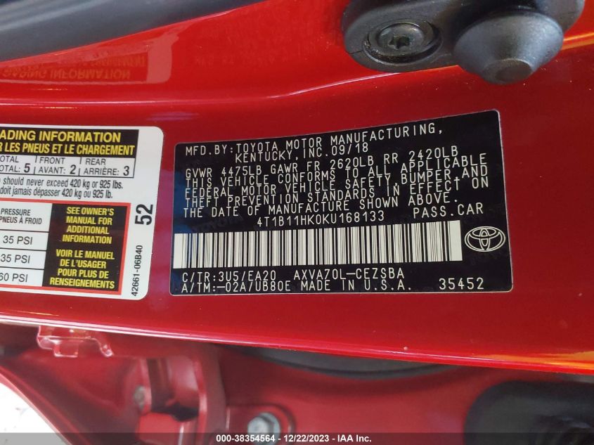 2019 TOYOTA CAMRY L/LE/XLE/SE/XSE - 4T1B11HK0KU168133