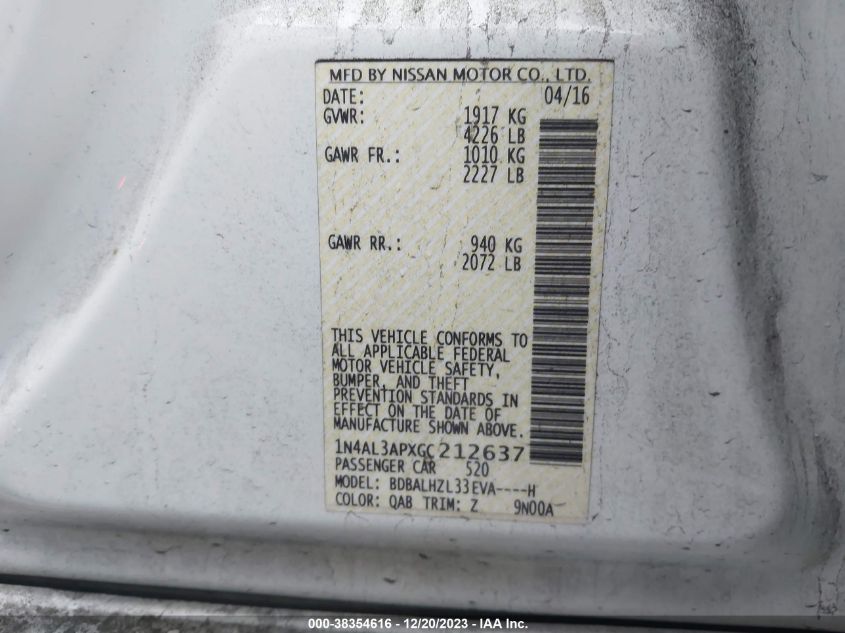 2016 NISSAN ALTIMA 2.5 SR - 1N4AL3APXGC212637