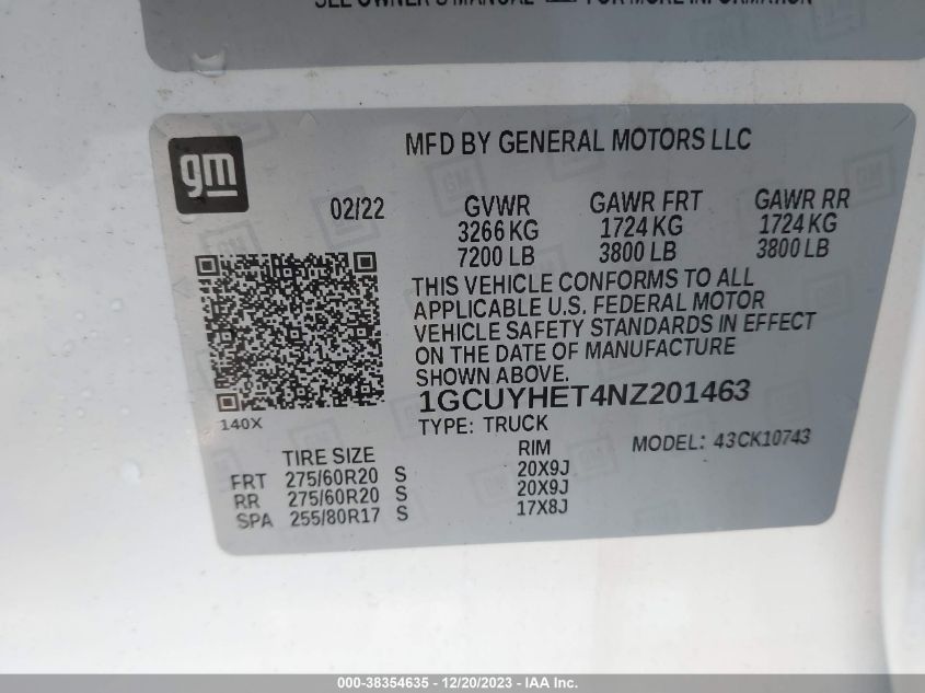 2022 CHEVROLET SILVERADO 1500 LTD HIGH COUNTRY - 1GCUYHET4NZ201463