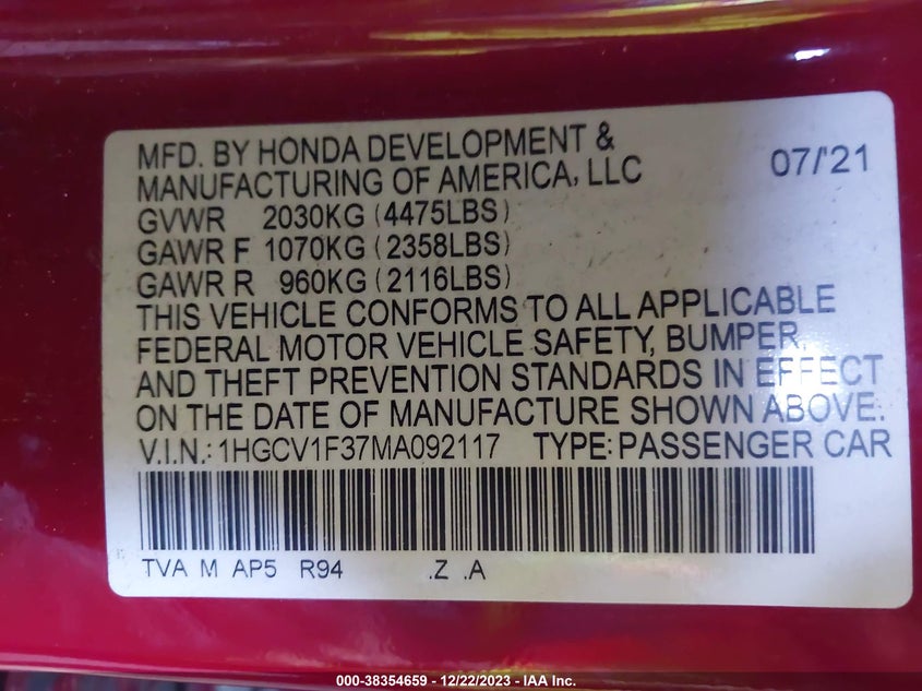 VIN 1HGCV1F37MA092117 2021 HONDA ACCORD SPORT