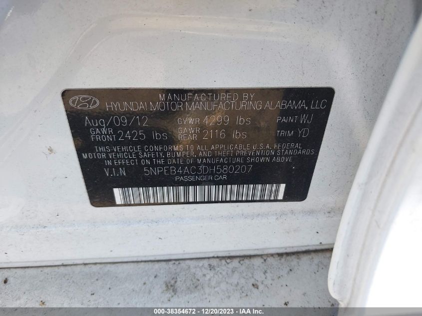 2013 HYUNDAI SONATA GLS PZEV - 5NPEB4AC3DH580207