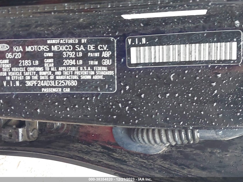 VIN 3KPF24AD3LE257680 2020 KIA FORTE FE/LXS