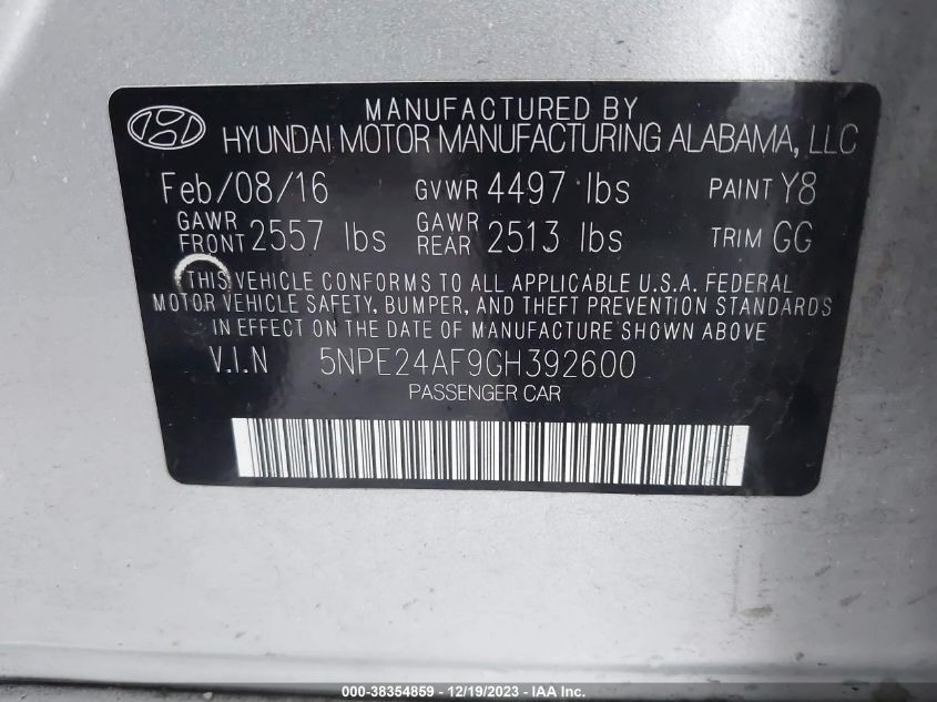 2016 HYUNDAI SONATA - 5NPE24AF9GH392600