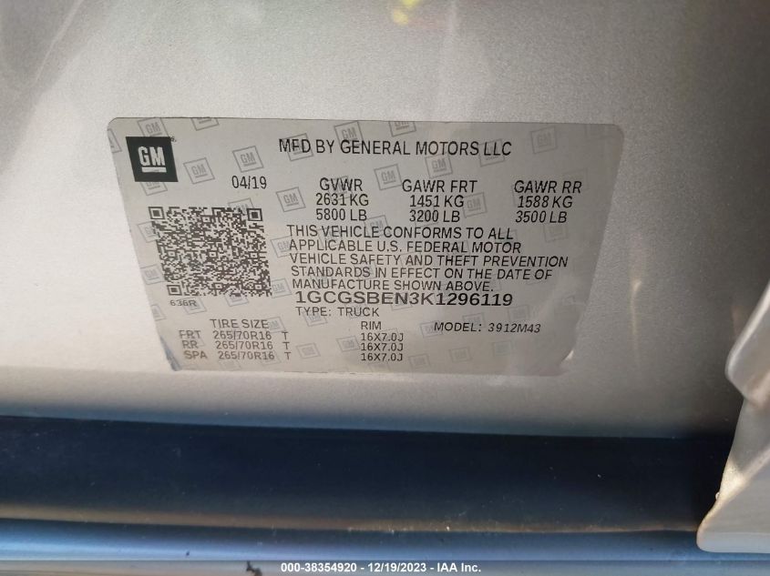VIN 1GCGSBEN3K1296119 2019 CHEVROLET COLORADO WT