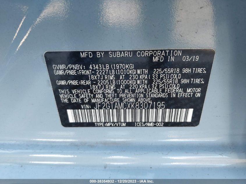 2019 SUBARU CROSSTREK 2.0I LIMITED - JF2GTAMCXK8307195