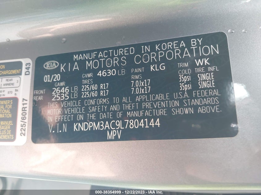 VIN KNDPM3AC9L7804144 2020 KIA SPORTAGE LX