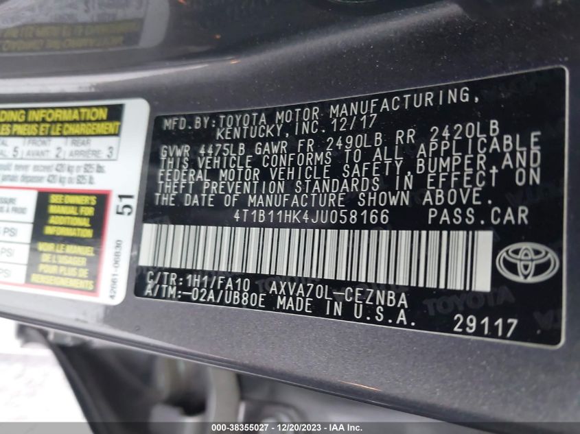 2018 TOYOTA CAMRY LE - 4T1B11HK4JU058166