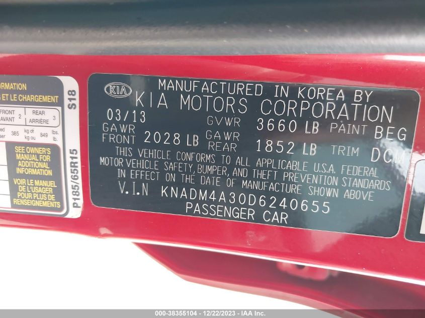 2013 KIA RIO LX - KNADM4A30D6240655