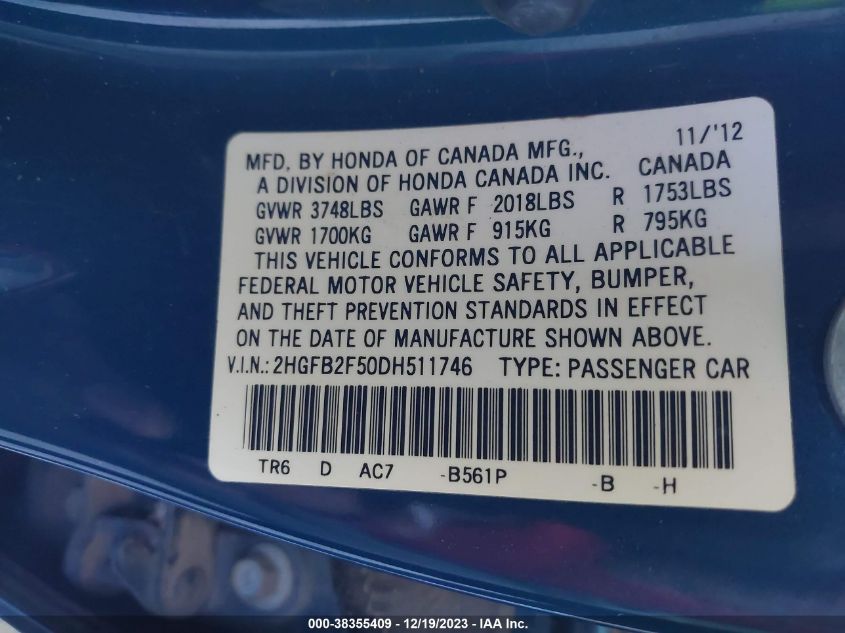2013 HONDA CIVIC LX - 2HGFB2F50DH511746