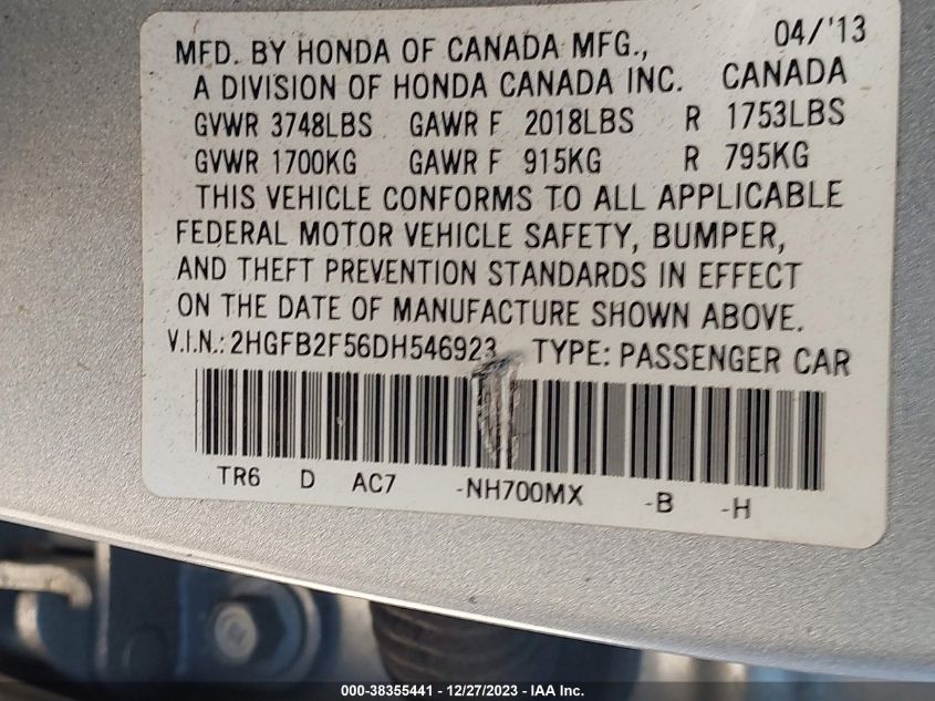 2013 HONDA CIVIC LX - 2HGFB2F56DH546923