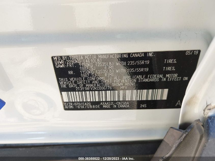 2019 TOYOTA RAV4 LIMITED - 2T3Y1RFV2KC006776