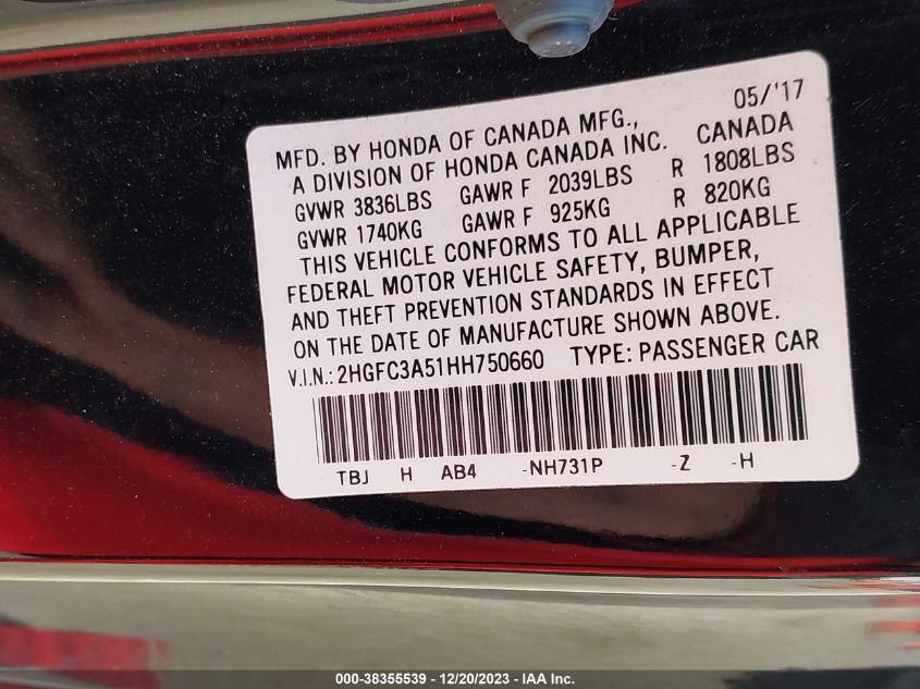 2017 HONDA CIVIC SI - 2HGFC3A51HH750660