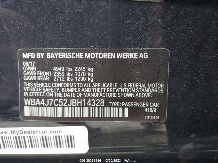 2018 BMW 440I GRAN COUPE XDRIVE WBA4J7C52JBH14328