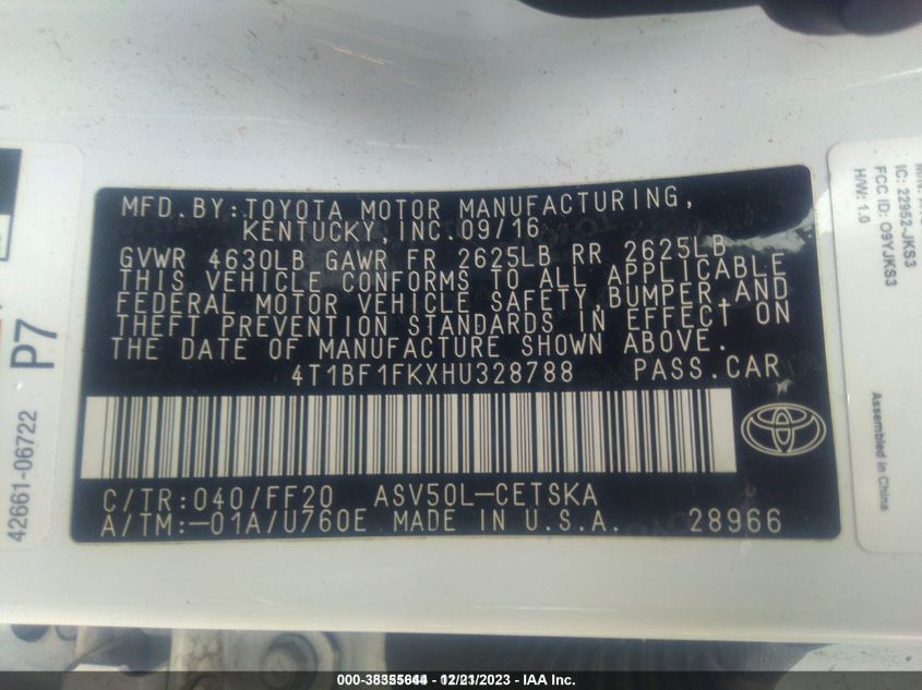 2017 TOYOTA CAMRY SE - 4T1BF1FKXHU328788
