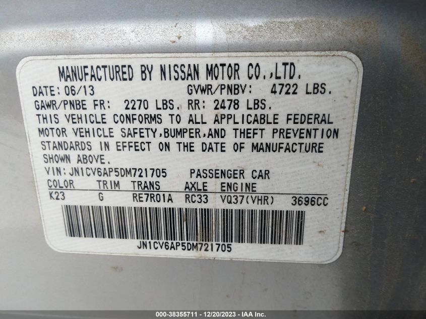 2013 INFINITI G37 JOURNEY JN1CV6AP5DM721705
