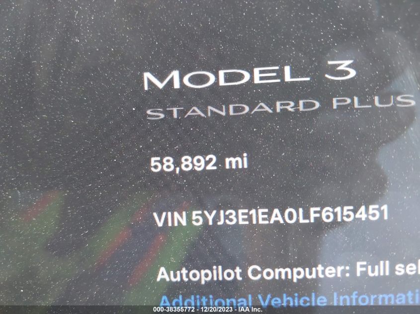 2020 TESLA MODEL 3 - 5YJ3E1EA0LF615451