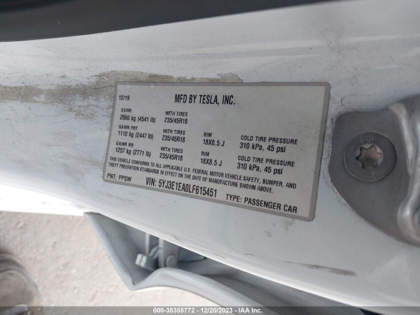 2020 TESLA MODEL 3 - 5YJ3E1EA0LF615451