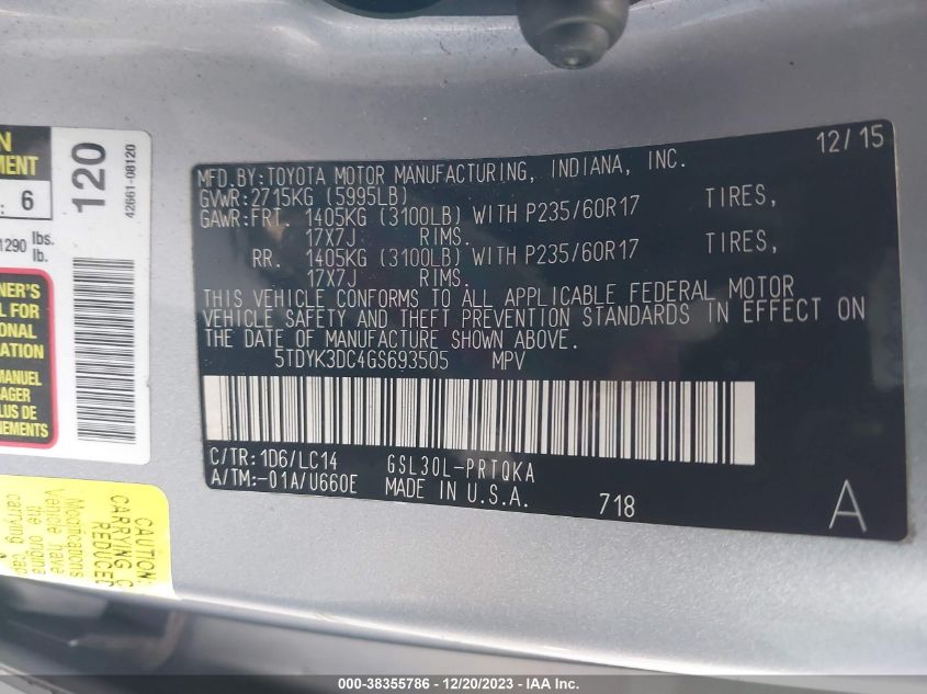 2016 TOYOTA SIENNA XLE/LIMITED - 5TDYK3DC4GS693505