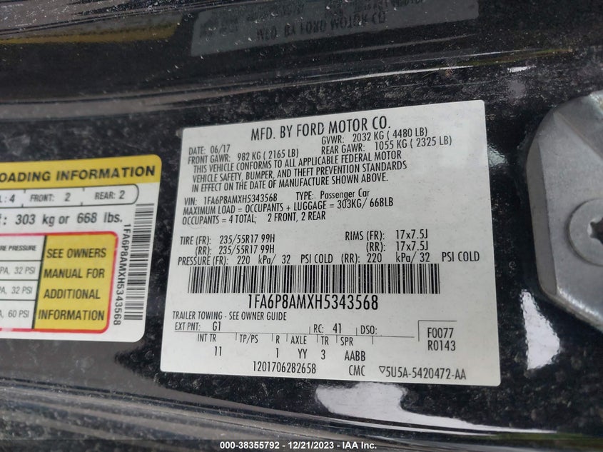 VIN 1FA6P8AMXH5343568 2017 FORD MUSTANG