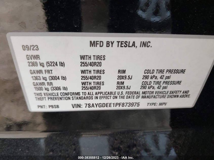 VIN 7SAYGDEE1PF873975 2023 TESLA MODEL Y AWD/LONG RANGE DUAL MOTOR ALL-WHEEL DRIVE