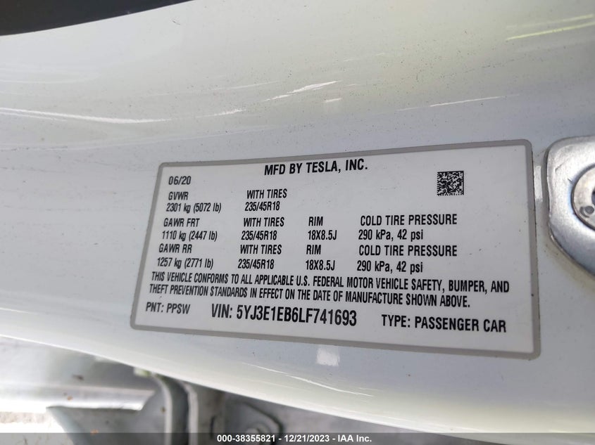 VIN 5YJ3E1EB6LF741693 2020 TESLA MODEL 3