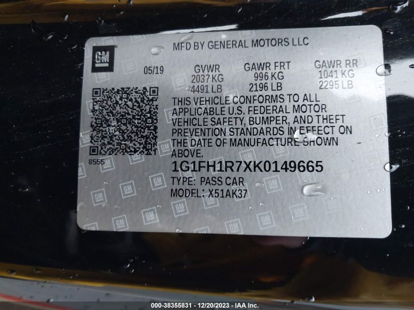 2019 CHEVROLET CAMARO SS - 1G1FH1R7XK0149665