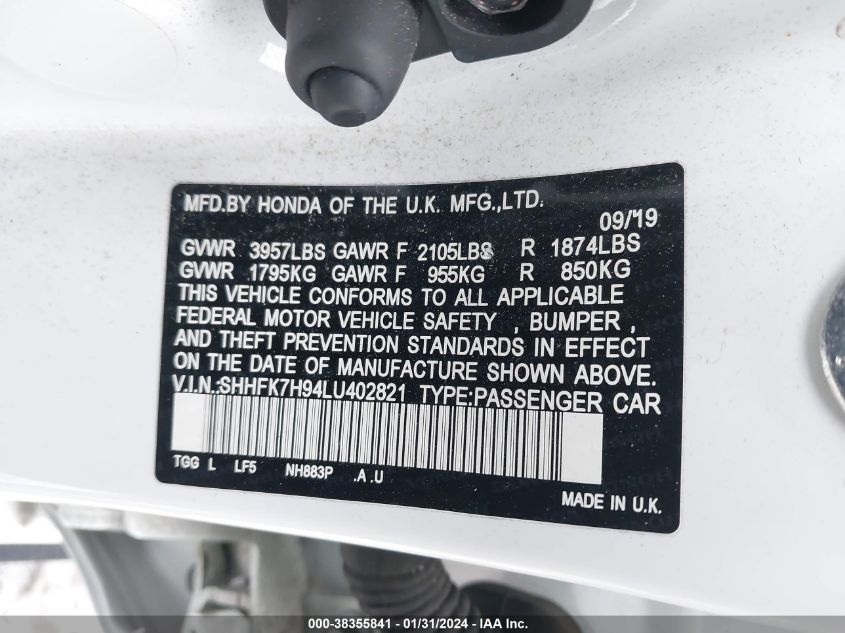 2020 HONDA CIVIC SPORT TOURING - SHHFK7H94LU402821
