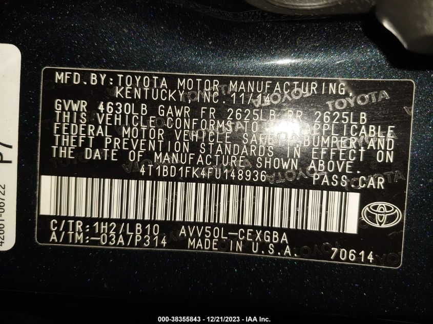 2015 TOYOTA CAMRY HYBRID HYBRID/LE/XLE/SE - 4T1BD1FK4FU148936