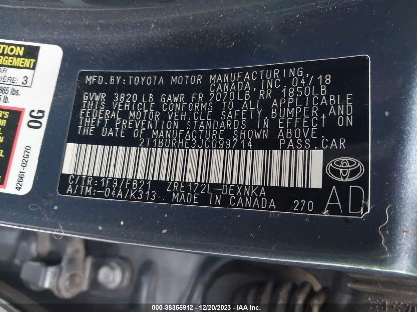 VIN 2T1BURHE3JC099714 2018 TOYOTA COROLLA LE