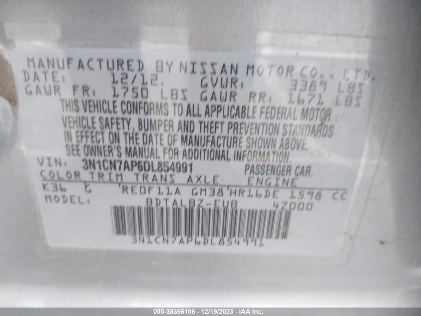 2013 NISSAN VERSA 1.6 SV - 3N1CN7AP6DL854991