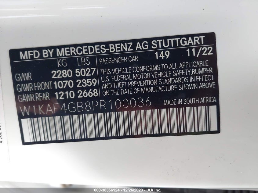 VIN W1KAF4GB8PR100036 2023 MERCEDES-BENZ C 300 SEDAN