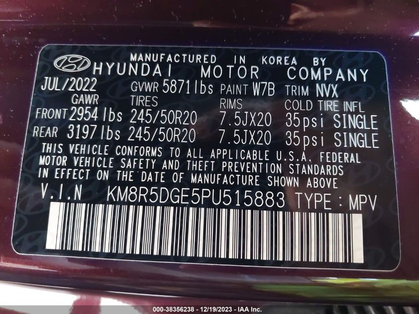 VIN KM8R5DGE5PU515883 2023 HYUNDAI PALISADE LIMITED