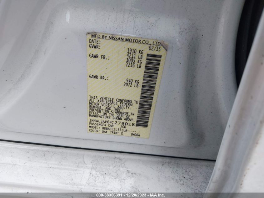 2015 NISSAN ALTIMA 2.5/2.5 S/2.5 SL/2.5 SV - 1N4AL3AP6FC278018