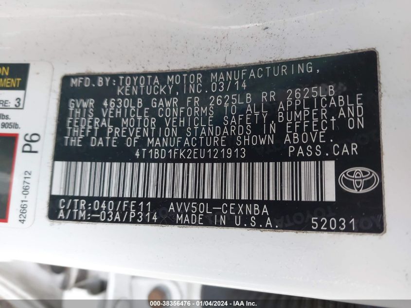2014 TOYOTA CAMRY HYBRID LE - 4T1BD1FK2EU121913