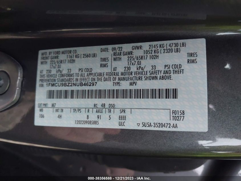 2022 FORD ESCAPE SE HYBRID - 1FMCU9BZ2NUB46297