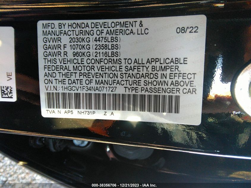 2022 HONDA ACCORD SPORT - 1HGCV1F34NA071727