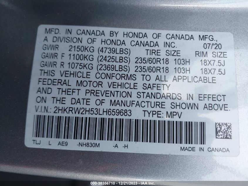 2020 HONDA CR-V AWD EX - 2HKRW2H53LH659683