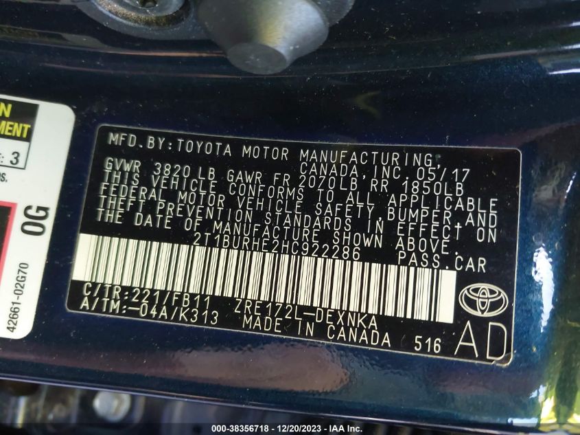 2017 TOYOTA COROLLA LE - 2T1BURHE2HC922286