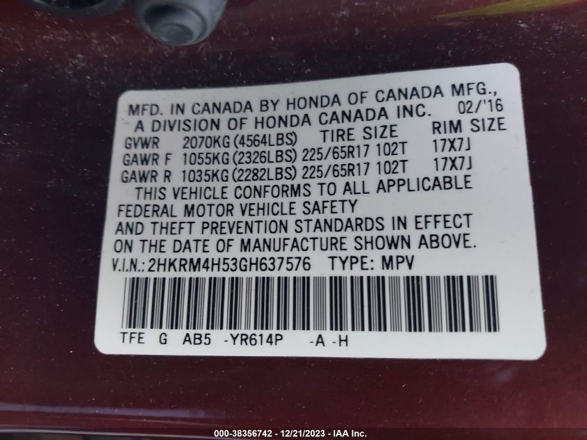 2016 HONDA CR-V EX - 2HKRM4H53GH637576