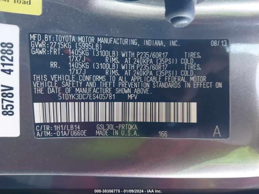 2014 TOYOTA SIENNA XLE V6 8 PASSENGER - 5TDYK3DC7ES405781