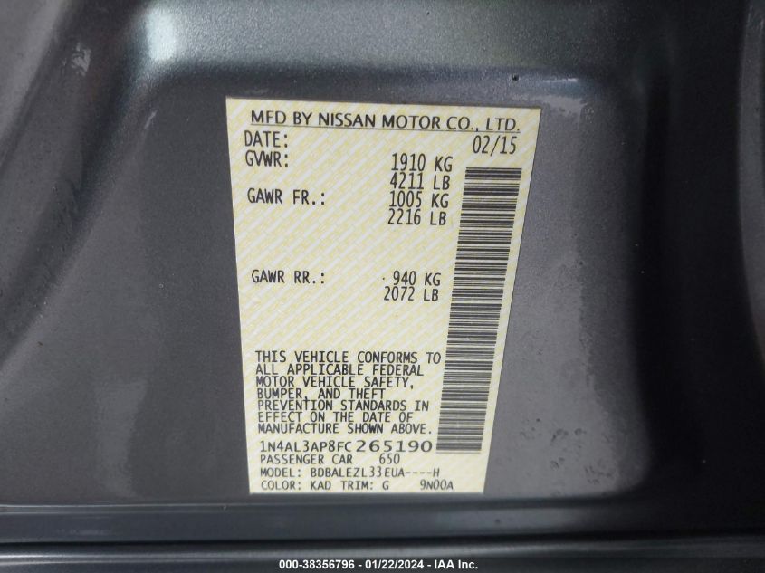 2015 NISSAN ALTIMA 2.5 S - 1N4AL3AP8FC265190