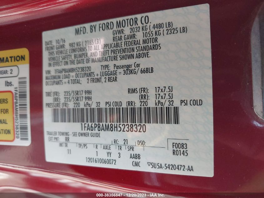2017 FORD MUSTANG V6 - 1FA6P8AM8H5238320