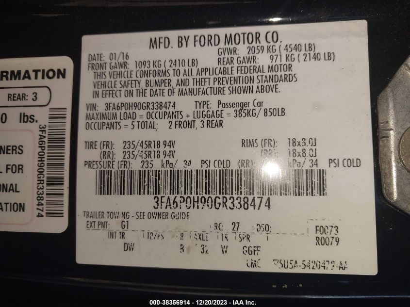 2016 FORD FUSION SE - 3FA6P0H90GR338474