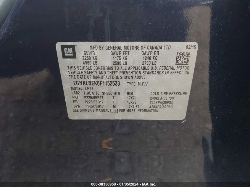 2015 CHEVROLET EQUINOX 1LT - 2GNALBEK6F1152533